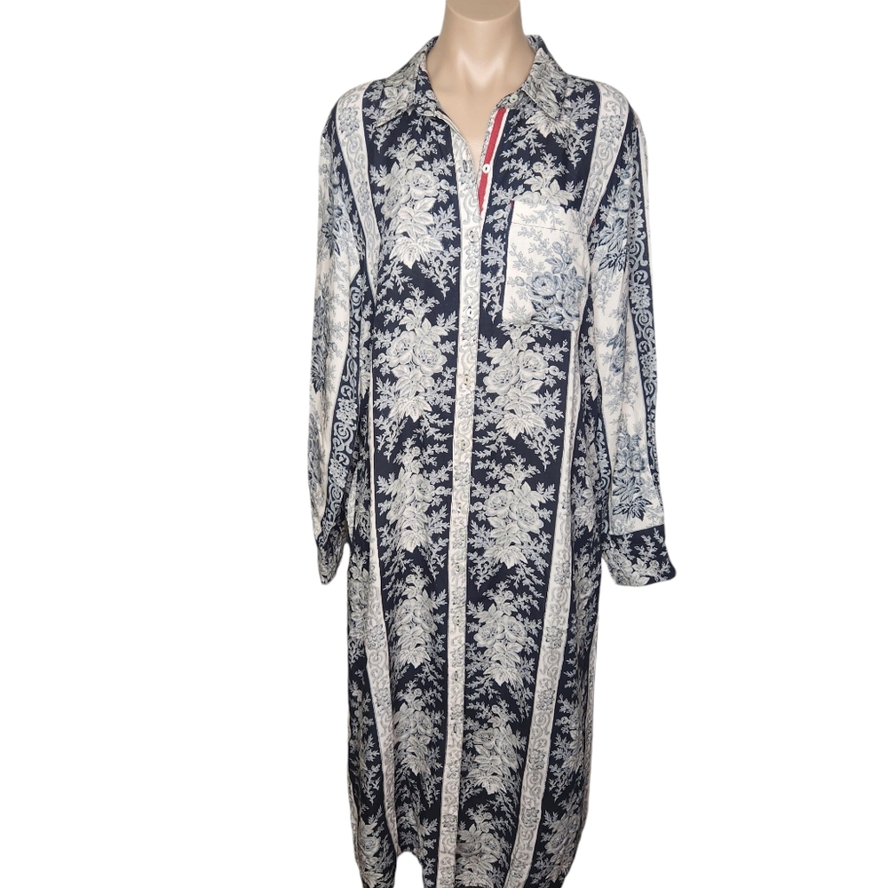 Sundance Maxi Duster Dress Gray Black Floral Long Sleeve Maxi Linen Button Down